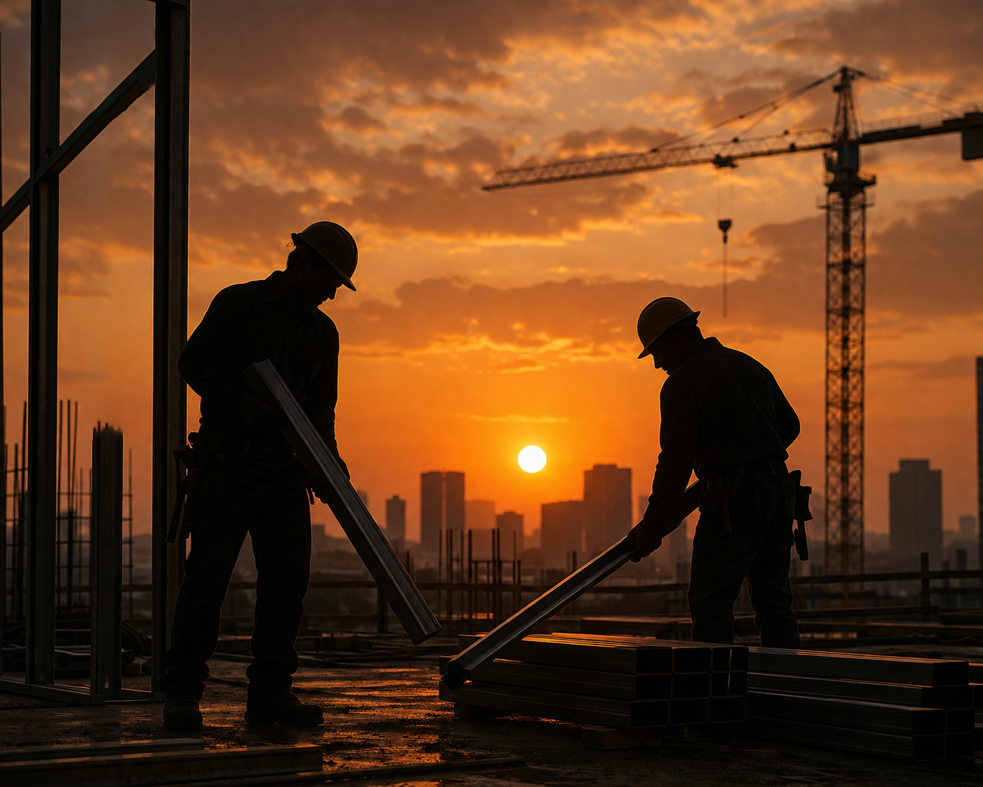 Two construction workers silhouetted on a job site